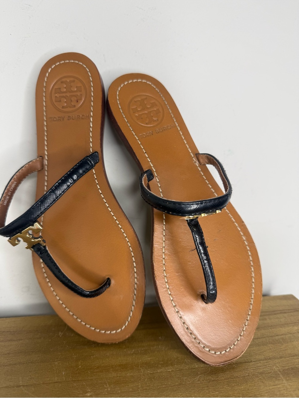 Tory Burch Black Leather T-Strap Sandals with Gold Logo